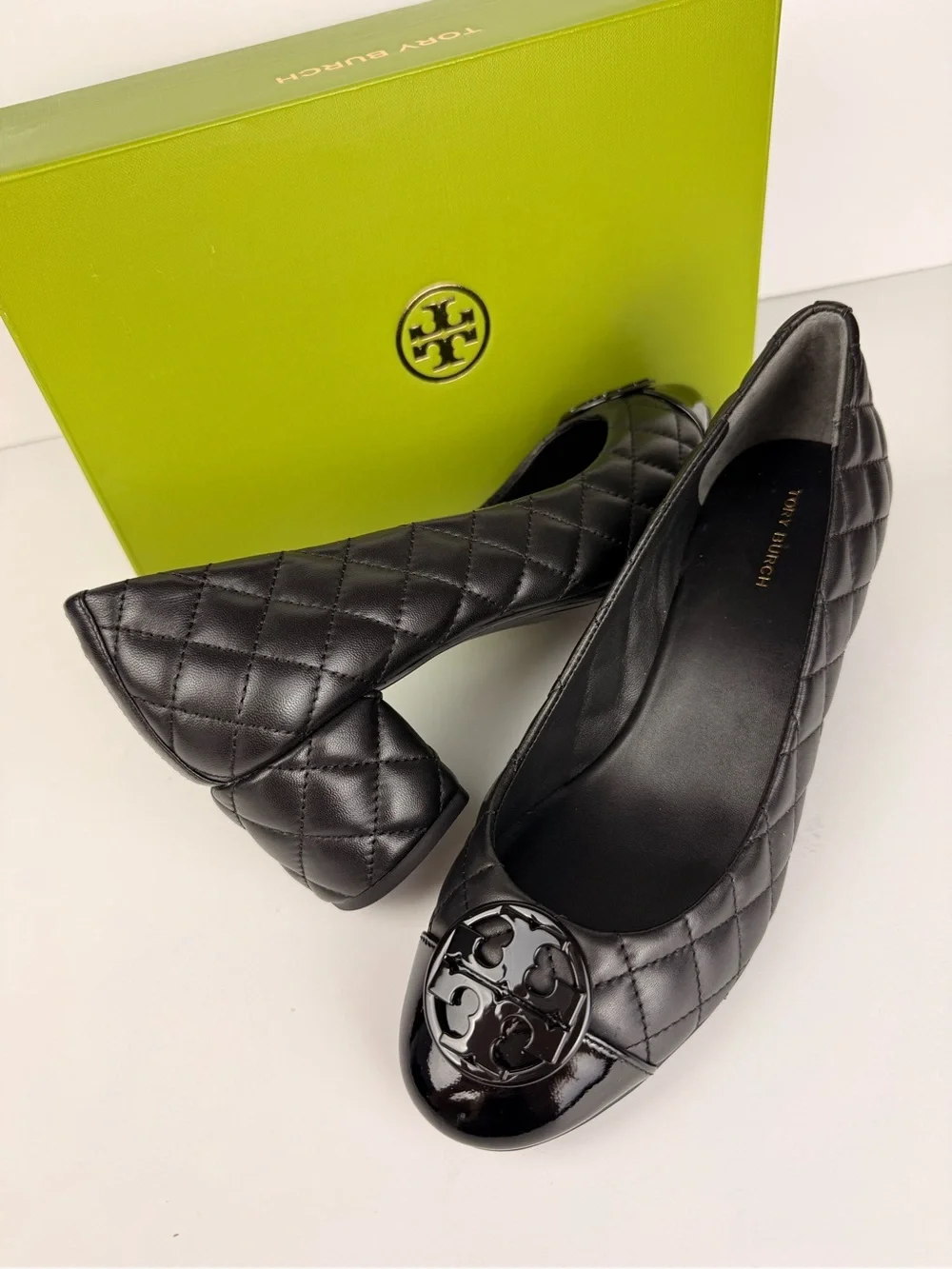 Tory Burch Chelsea 50mm Quilted Pumps Black Leather Patent Cap Toe Block Heels